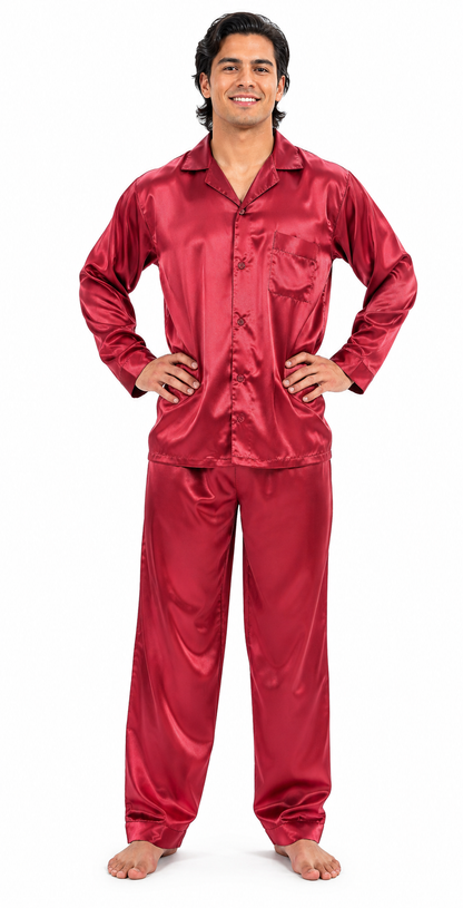 Pajamas Set Mens Silky Satin Pajamas Long Sleeve Loungewear 2-Piece Sleepwear Button-Down PJ with Long Pants
