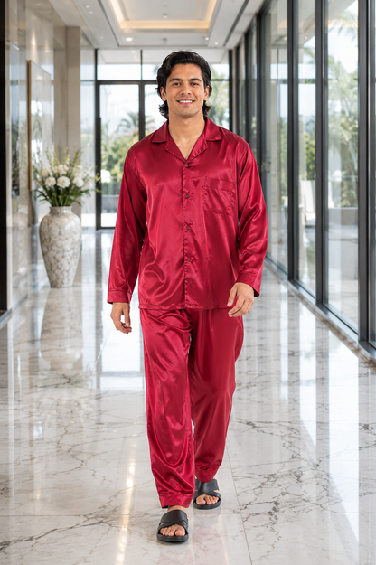 Pajamas Set Mens Silky Satin Pajamas Long Sleeve Loungewear 2-Piece Sleepwear Button-Down PJ with Long Pants