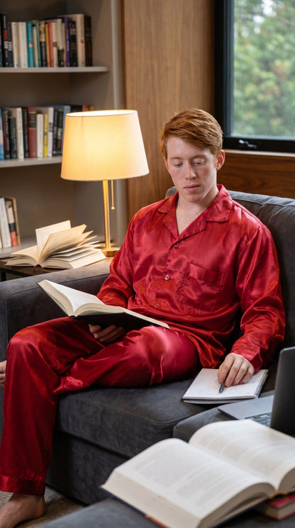 Pajamas Set Mens Silky Satin Pajamas Long Sleeve Loungewear 2-Piece Sleepwear Button-Down PJ with Long Pants