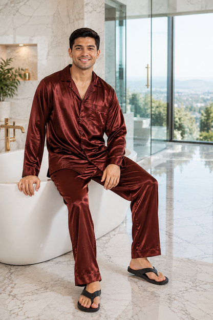 Pajamas Set Mens Silky Satin Pajamas Long Sleeve Loungewear 2-Piece Sleepwear Button-Down PJ with Long Pants