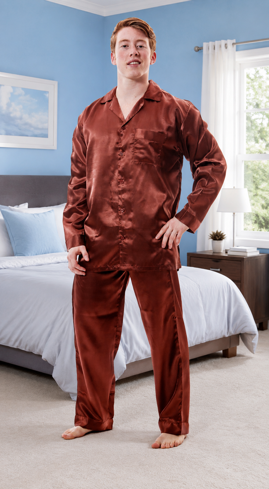 Pajamas Set Mens Silky Satin Pajamas Long Sleeve Loungewear 2-Piece Sleepwear Button-Down PJ with Long Pants