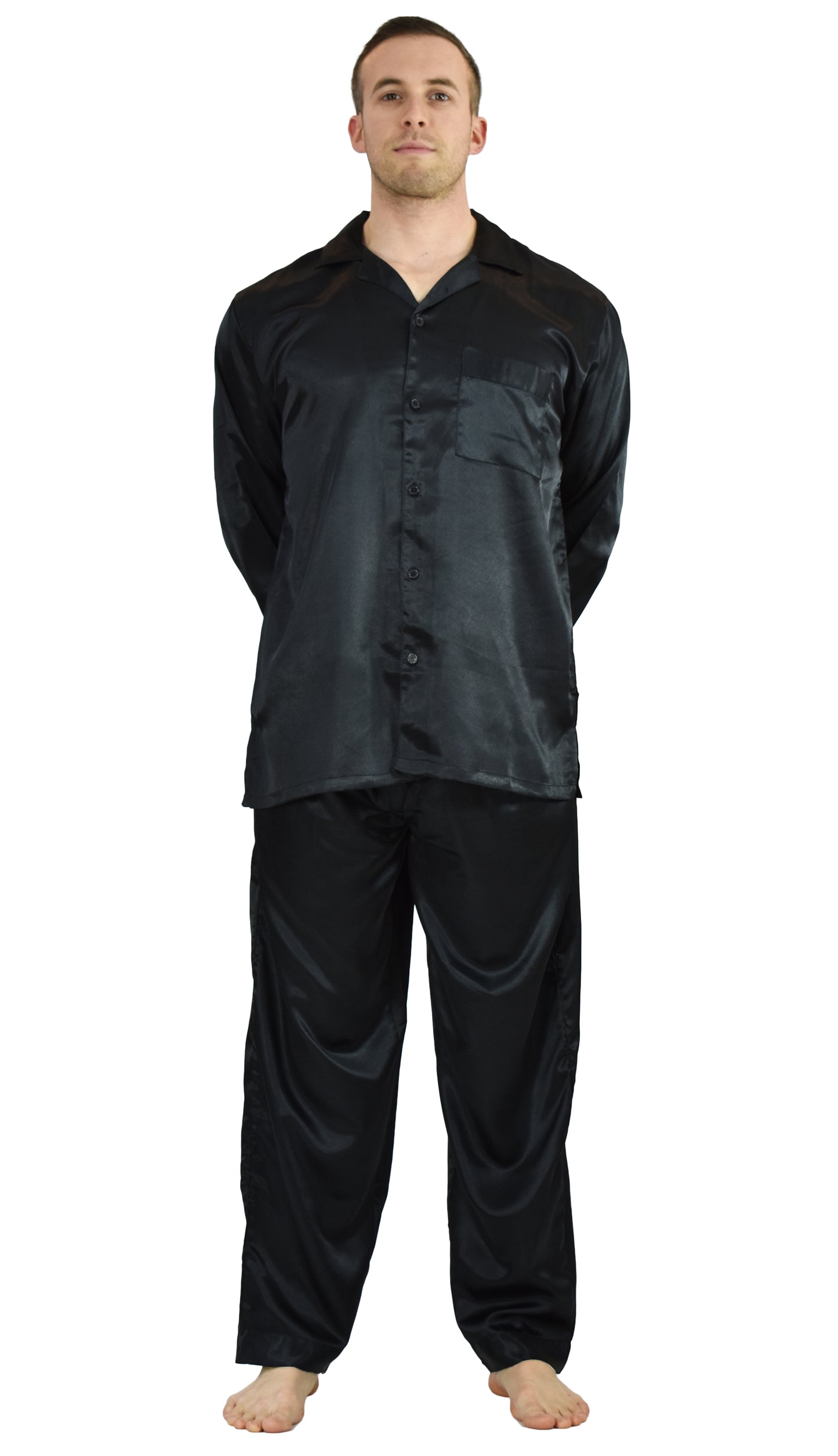Pajamas Set Mens Silky Satin Pajamas Long Sleeve Loungewear 2-Piece Sleepwear Button-Down PJ with Long Pants