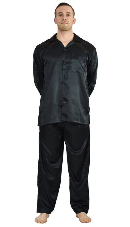 Pajamas Set Mens Silky Satin Pajamas Long Sleeve Loungewear 2-Piece Sleepwear Button-Down PJ with Long Pants