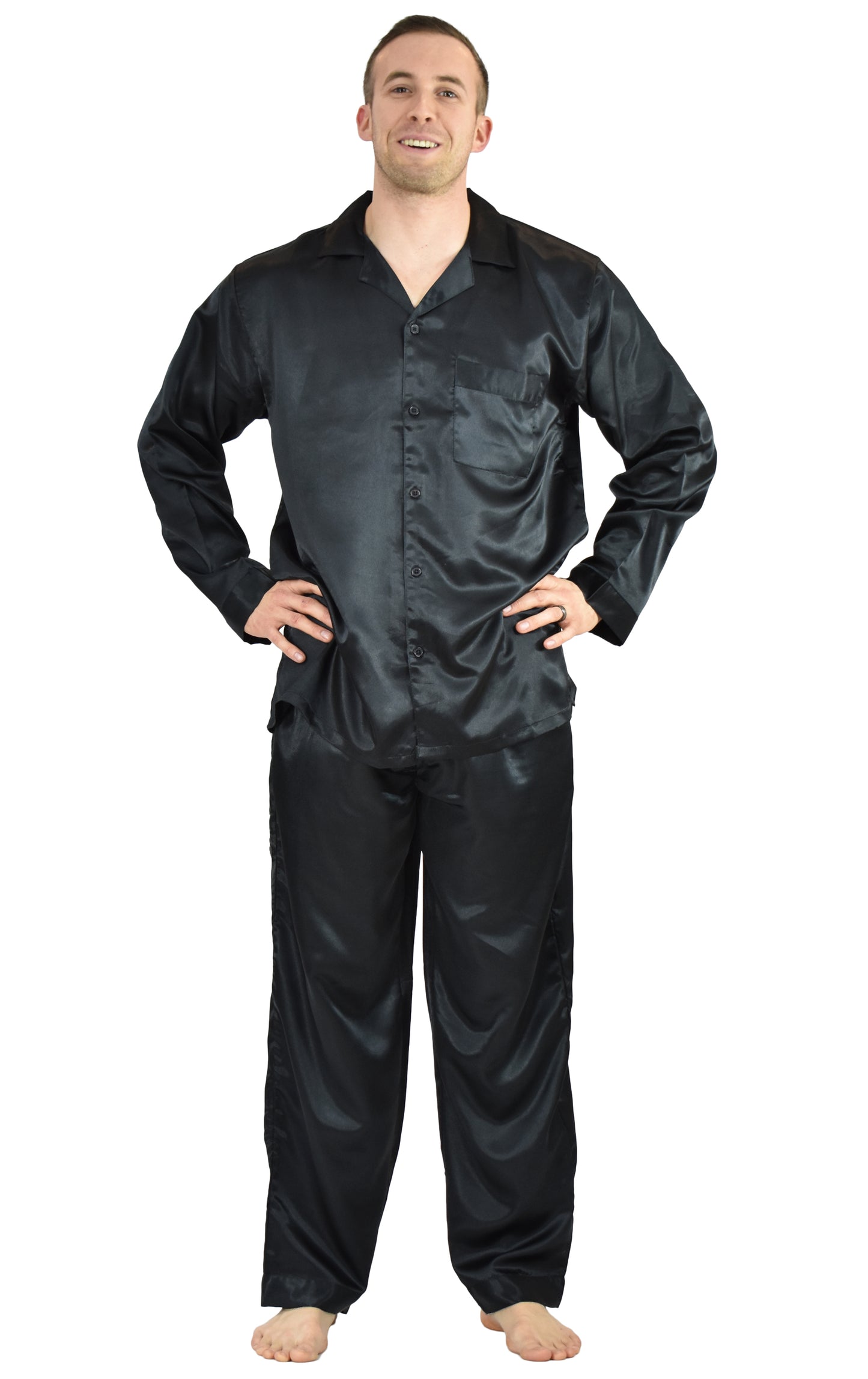 Pajamas Set Mens Silky Satin Pajamas Long Sleeve Loungewear 2-Piece Sleepwear Button-Down PJ with Long Pants