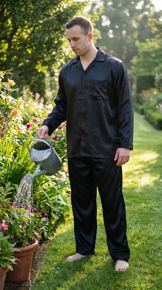 Pajamas Set Mens Silky Satin Pajamas Long Sleeve Loungewear 2-Piece Sleepwear Button-Down PJ with Long Pants