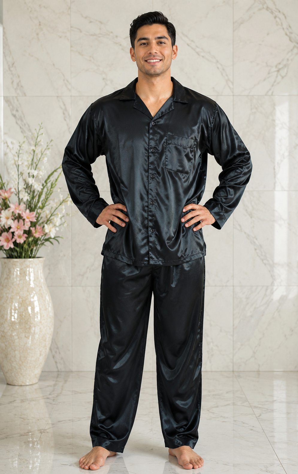 Pajamas Set Mens Silky Satin Pajamas Long Sleeve Loungewear 2-Piece Sleepwear Button-Down PJ with Long Pants