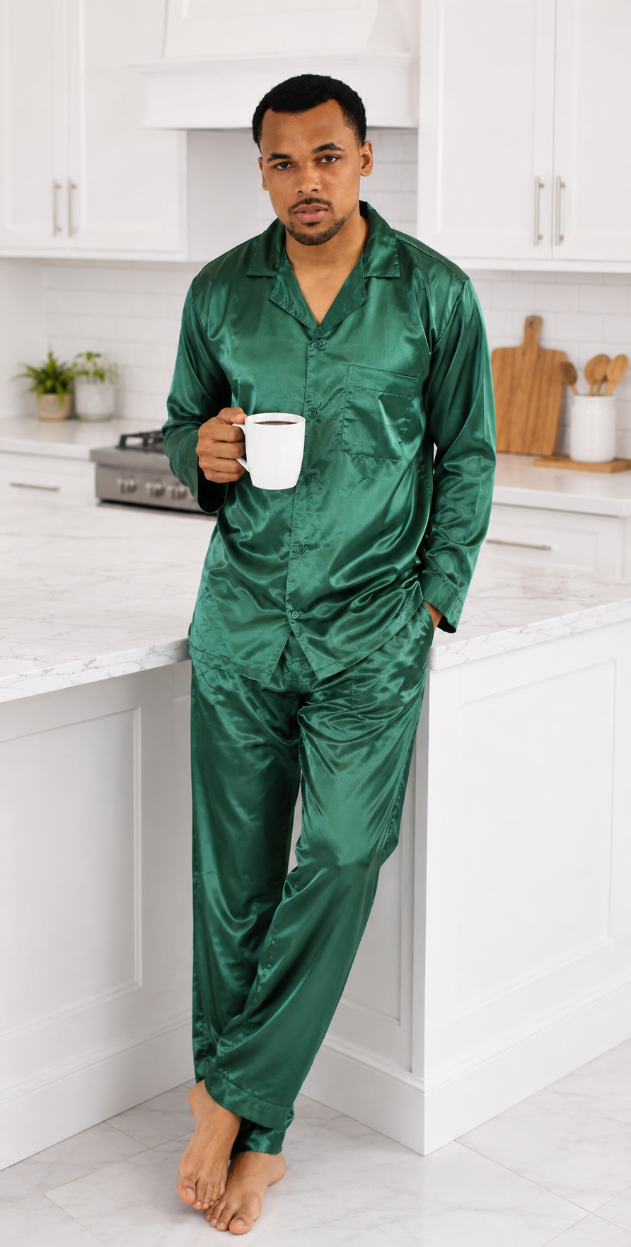 Pajamas Set Mens Silky Satin Pajamas Long Sleeve Loungewear 2-Piece Sleepwear Button-Down PJ with Long Pants