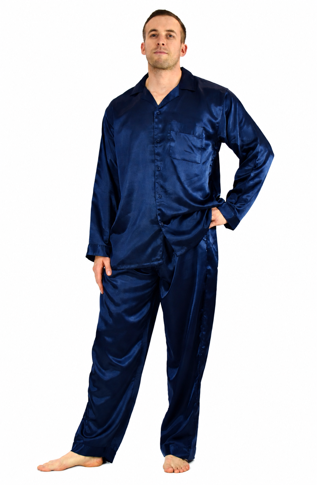 Pajamas Set Mens Silky Satin Pajamas Long Sleeve Loungewear 2-Piece Sleepwear Button-Down PJ with Long Pants
