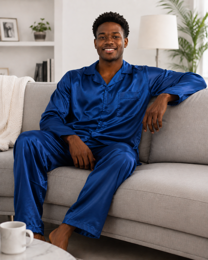 Pajamas Set Mens Silky Satin Pajamas Long Sleeve Loungewear 2-Piece Sleepwear Button-Down PJ with Long Pants