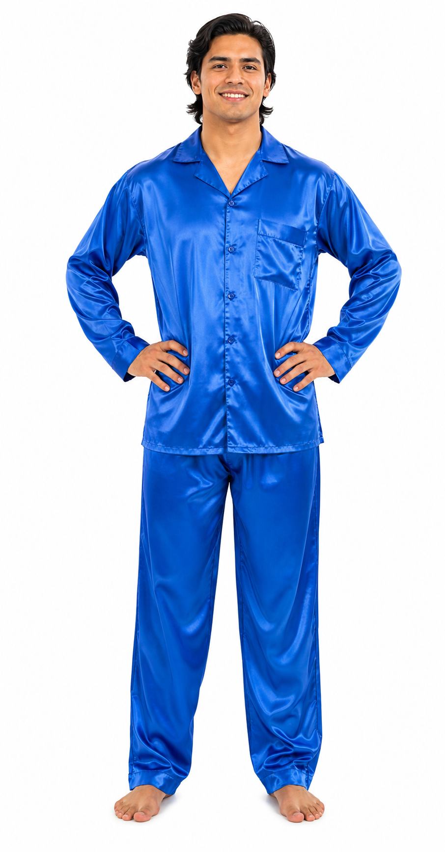 Pajamas Set Mens Silky Satin Pajamas Long Sleeve Loungewear 2-Piece Sleepwear Button-Down PJ with Long Pants