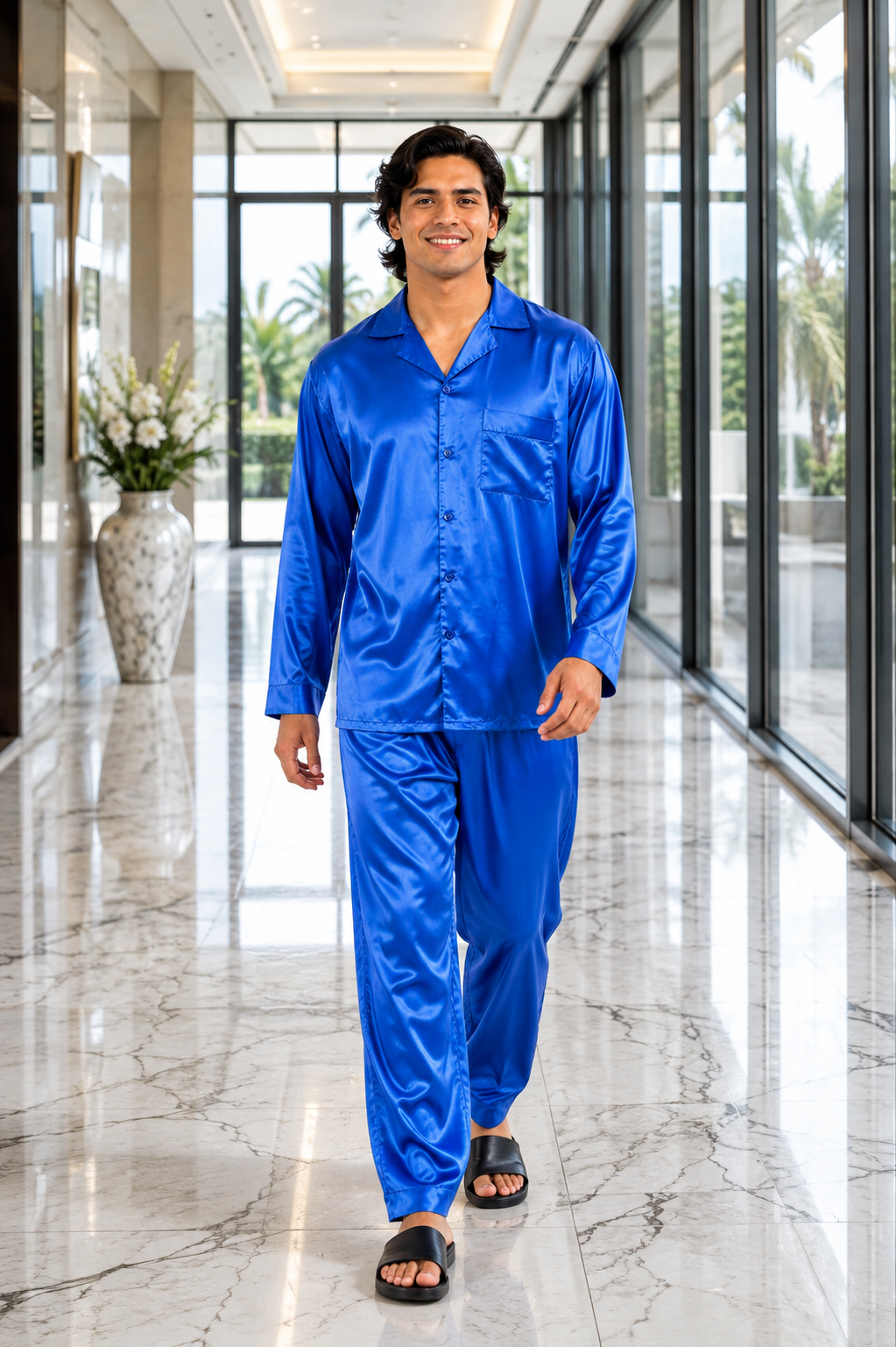 Pajamas Set Mens Silky Satin Pajamas Long Sleeve Loungewear 2-Piece Sleepwear Button-Down PJ with Long Pants