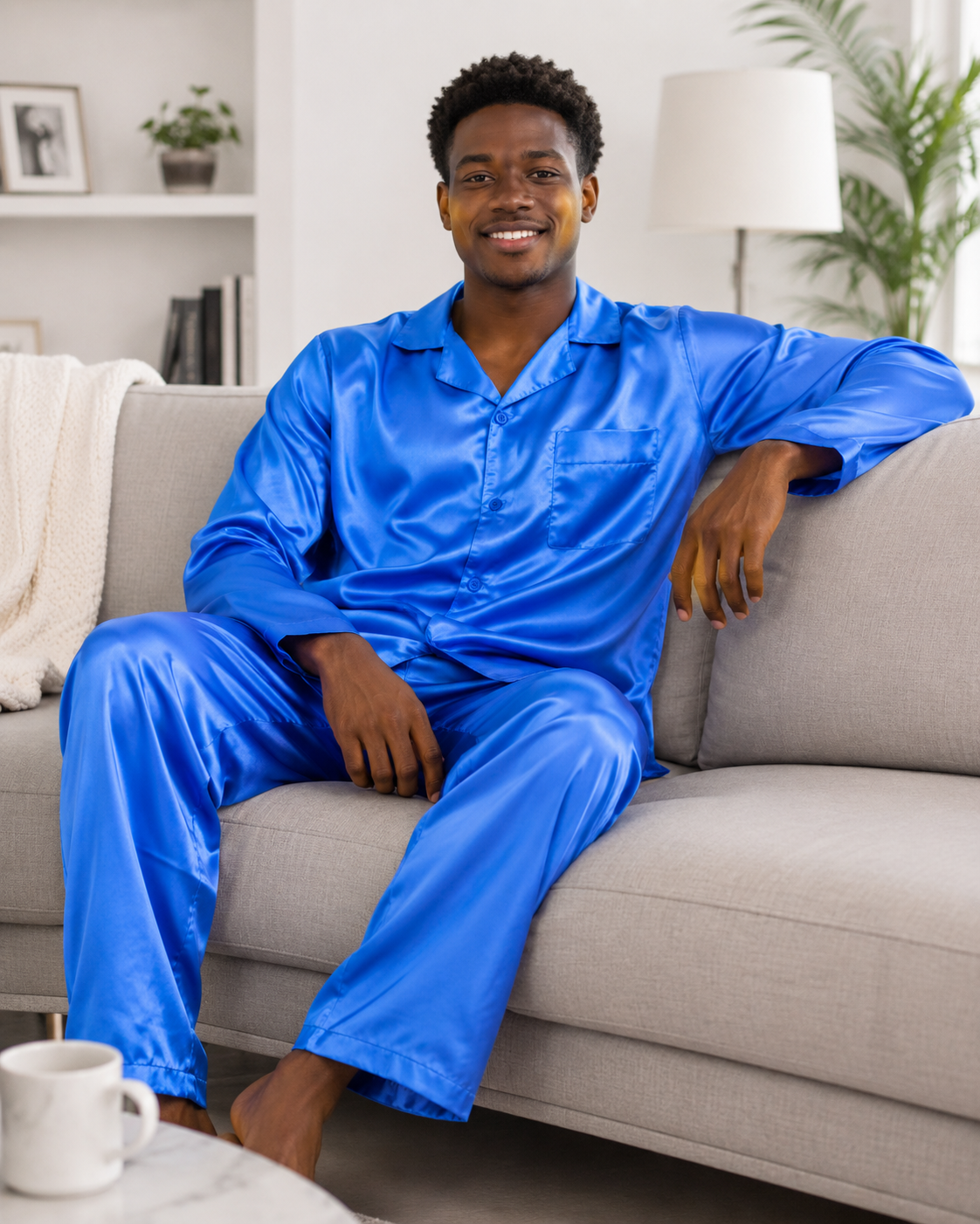 Pajamas Set Mens Silky Satin Pajamas Long Sleeve Loungewear 2-Piece Sleepwear Button-Down PJ with Long Pants