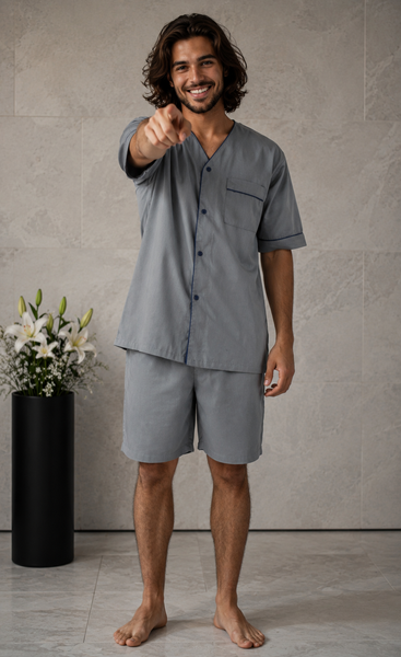 Up2date Fashion Men's Woven Short Sleeves Pajama Set with Shorts Lightweight Loungerwear