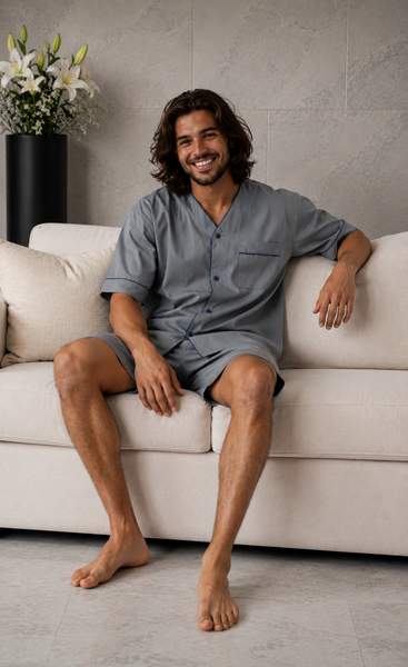 Up2date Fashion Men's Woven Short Sleeves Pajama Set with Shorts Lightweight Loungerwear