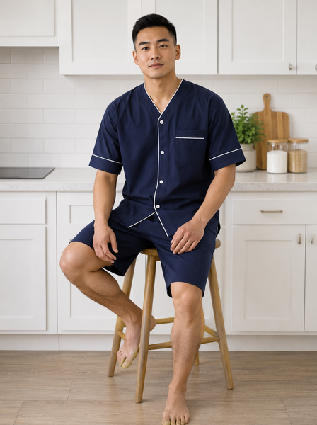 Up2date Fashion Men's Woven Short Sleeves Pajama Set with Shorts Lightweight Loungerwear