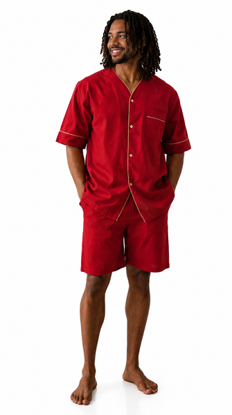 Up2date Fashion Men's Woven Short Sleeves Pajama Set with Shorts Lightweight Loungerwear