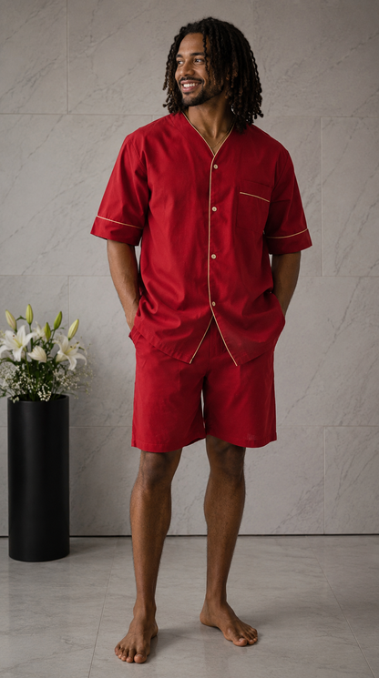 Up2date Fashion Men's Woven Short Sleeves Pajama Set with Shorts Lightweight Loungerwear