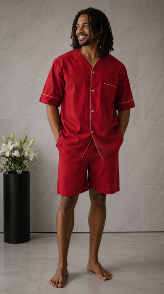 Up2date Fashion Men's Woven Short Sleeves Pajama Set with Shorts Lightweight Loungerwear