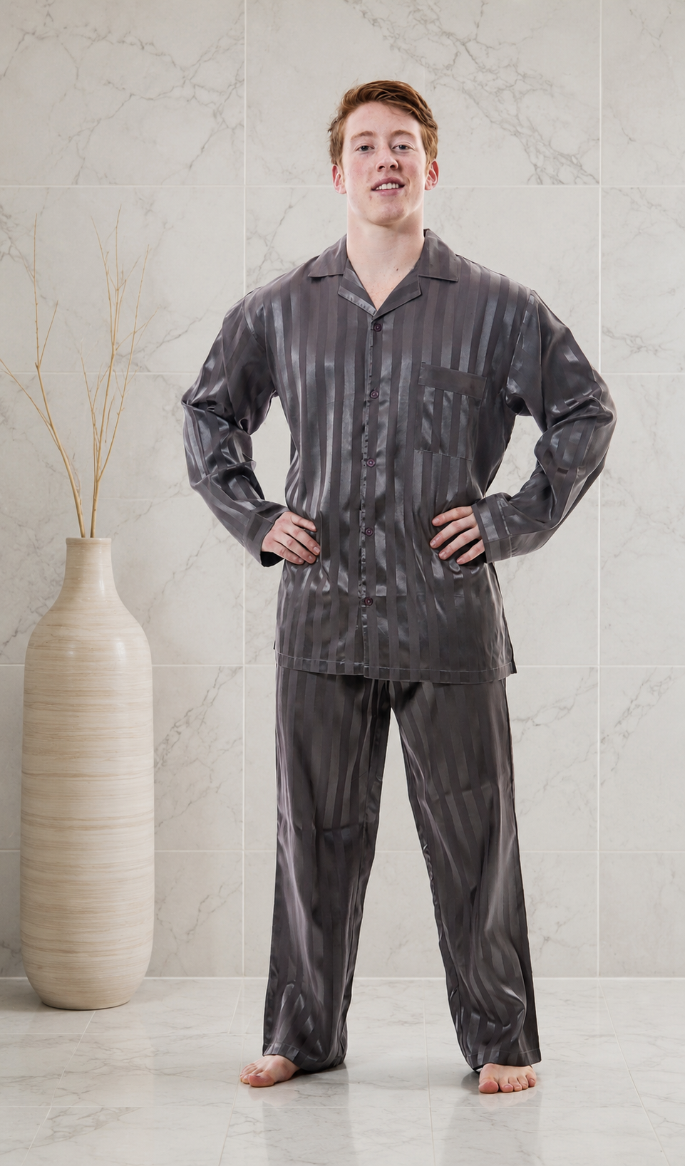 Up2date Fashion Pajamas Set Mens Silk Satin Long Sleeve Loungewear Two-Piece Sleepwear Button-Down Pj with Full Pants