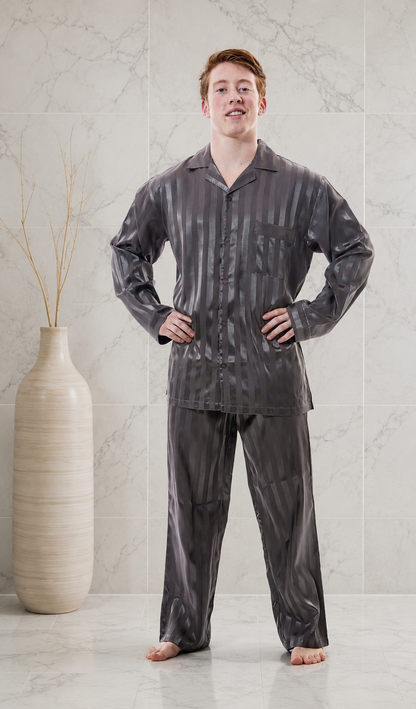 Up2date Fashion Pajamas Set Mens Silk Satin Long Sleeve Loungewear Two-Piece Sleepwear Button-Down Pj with Full Pants