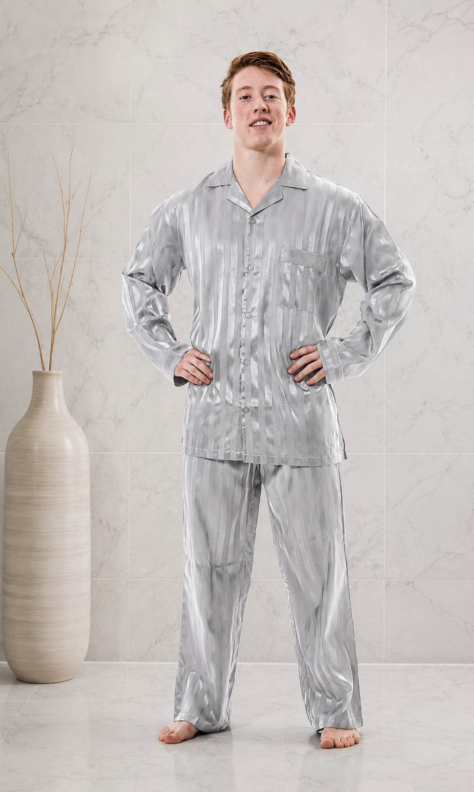 Up2date Fashion Pajamas Set Mens Silk Satin Long Sleeve Loungewear Two-Piece Sleepwear Button-Down Pj with Full Pants