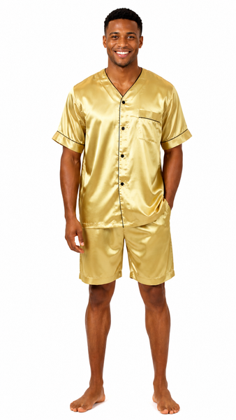 Men's Short Sleeve Silky Satin Pajama Set with Shorts 2 Piece PJ Loungewear