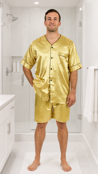 Men's Short Sleeve Silky Satin Pajama Set with Shorts 2 Piece PJ Loungewear