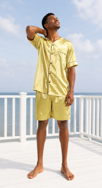Men's Short Sleeve Silky Satin Pajama Set with Shorts 2 Piece PJ Loungewear
