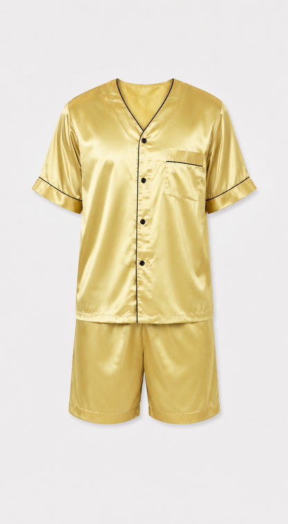 Men's Short Sleeve Silky Satin Pajama Set with Shorts 2 Piece PJ Loungewear