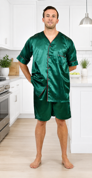 Men's Short Sleeve Silky Satin Pajama Set with Shorts 2 Piece PJ Loungewear