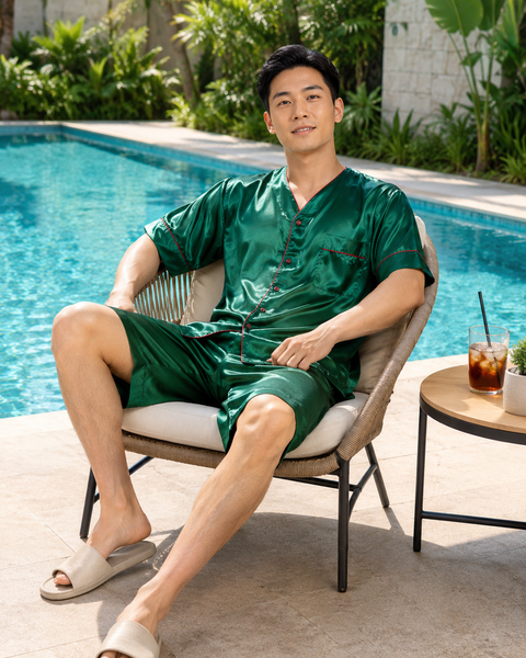 Men's Short Sleeve Silky Satin Pajama Set with Shorts 2 Piece PJ Loungewear