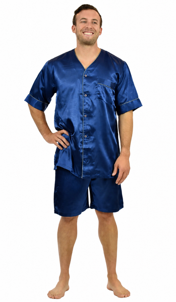 Men's Short Sleeve Silky Satin Pajama Set with Shorts 2 Piece PJ Loungewear
