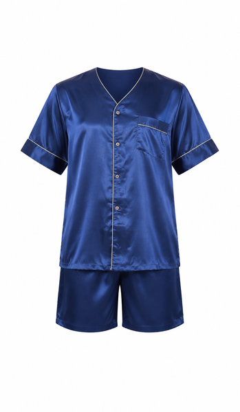 Men's Short Sleeve Silky Satin Pajama Set with Shorts 2 Piece PJ Loungewear