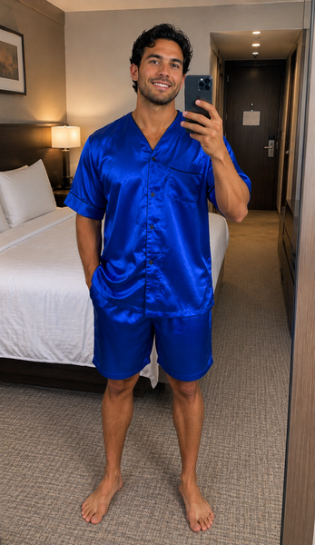 Men's Short Sleeve Silky Satin Pajama Set with Shorts 2 Piece PJ Loungewear