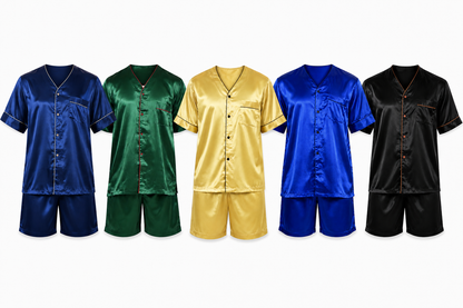 Men's Short Sleeve Silky Satin Pajama Set with Shorts 2 Piece PJ Loungewear