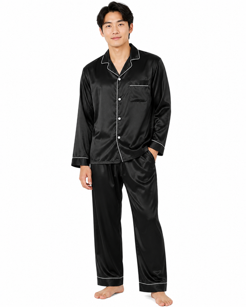 Men's Satin Pajama Set Full Sleeves Silky Loungewear 2 Piece Pjs Classic Button-Down Sleepwear