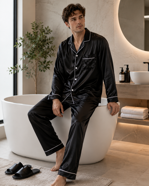 Men's Satin Pajama Set Full Sleeves Silky Loungewear 2 Piece Pjs Classic Button-Down Sleepwear