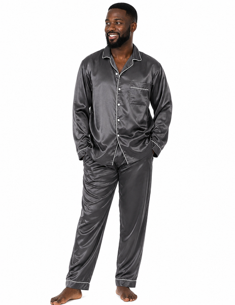 Men's Satin Pajama Set Full Sleeves Silky Loungewear 2 Piece Pjs Classic Button-Down Sleepwear