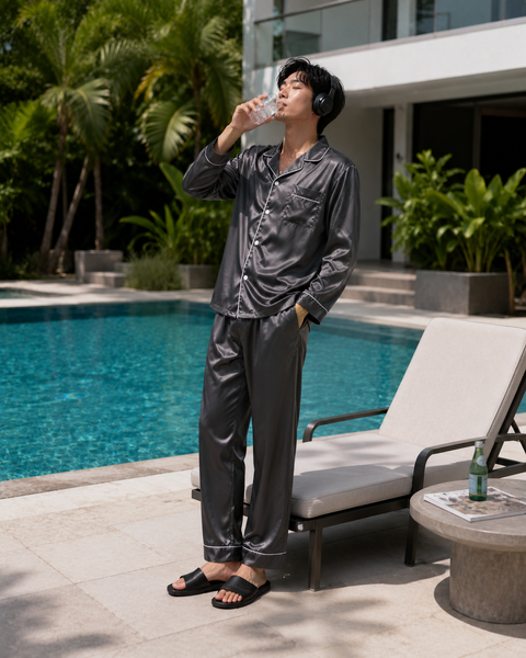Men's Satin Pajama Set Full Sleeves Silky Loungewear 2 Piece Pjs Classic Button-Down Sleepwear