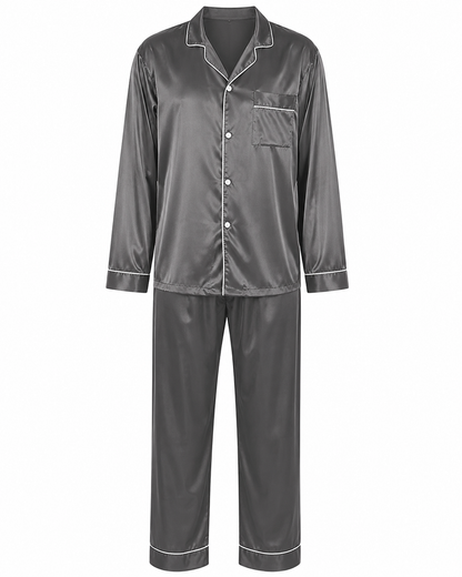 Men's Satin Pajama Set Full Sleeves Silky Loungewear 2 Piece Pjs Classic Button-Down Sleepwear