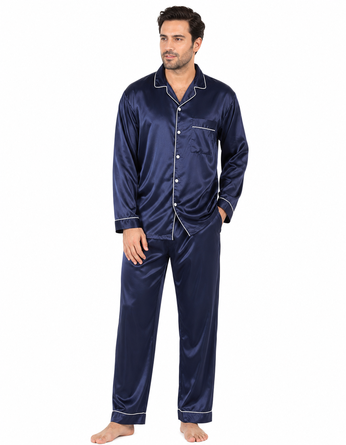 Men's Satin Pajama Set Full Sleeves Silky Loungewear 2 Piece Pjs Classic Button-Down Sleepwear