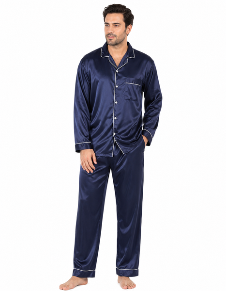Men's Satin Pajama Set Full Sleeves Silky Loungewear 2 Piece Pjs Classic Button-Down Sleepwear