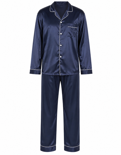 Men's Satin Pajama Set Full Sleeves Silky Loungewear 2 Piece Pjs Classic Button-Down Sleepwear