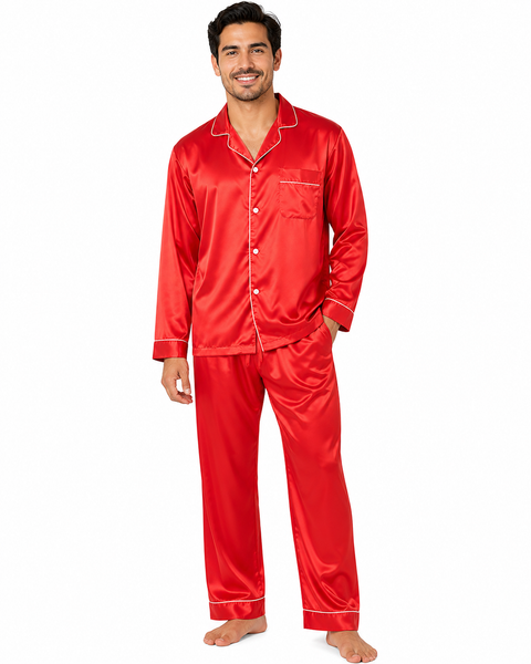 Men's Satin Pajama Set Full Sleeves Silky Loungewear 2 Piece Pjs Classic Button-Down Sleepwear