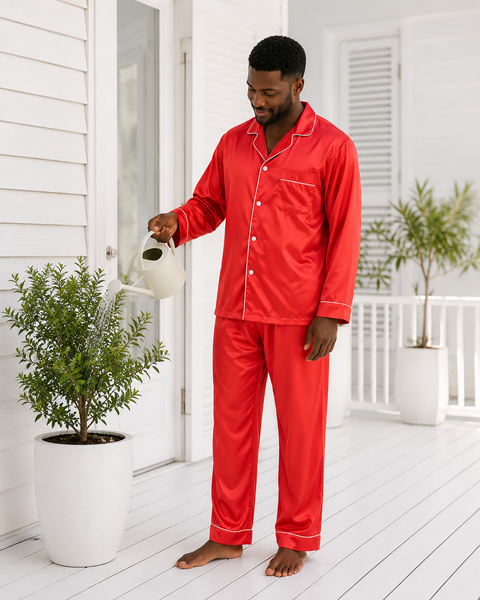 Men's Satin Pajama Set Full Sleeves Silky Loungewear 2 Piece Pjs Classic Button-Down Sleepwear