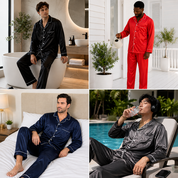 Men's Satin Pajama Set Full Sleeves Silky Loungewear 2 Piece Pjs Classic Button-Down Sleepwear