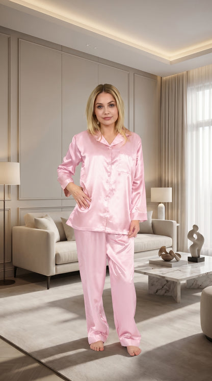 Up2date Fashion Women's Satin Pajama Set 2-Piece Long Sleeve Button Down Sleepwear Silky V-neck PJ Set with Pants