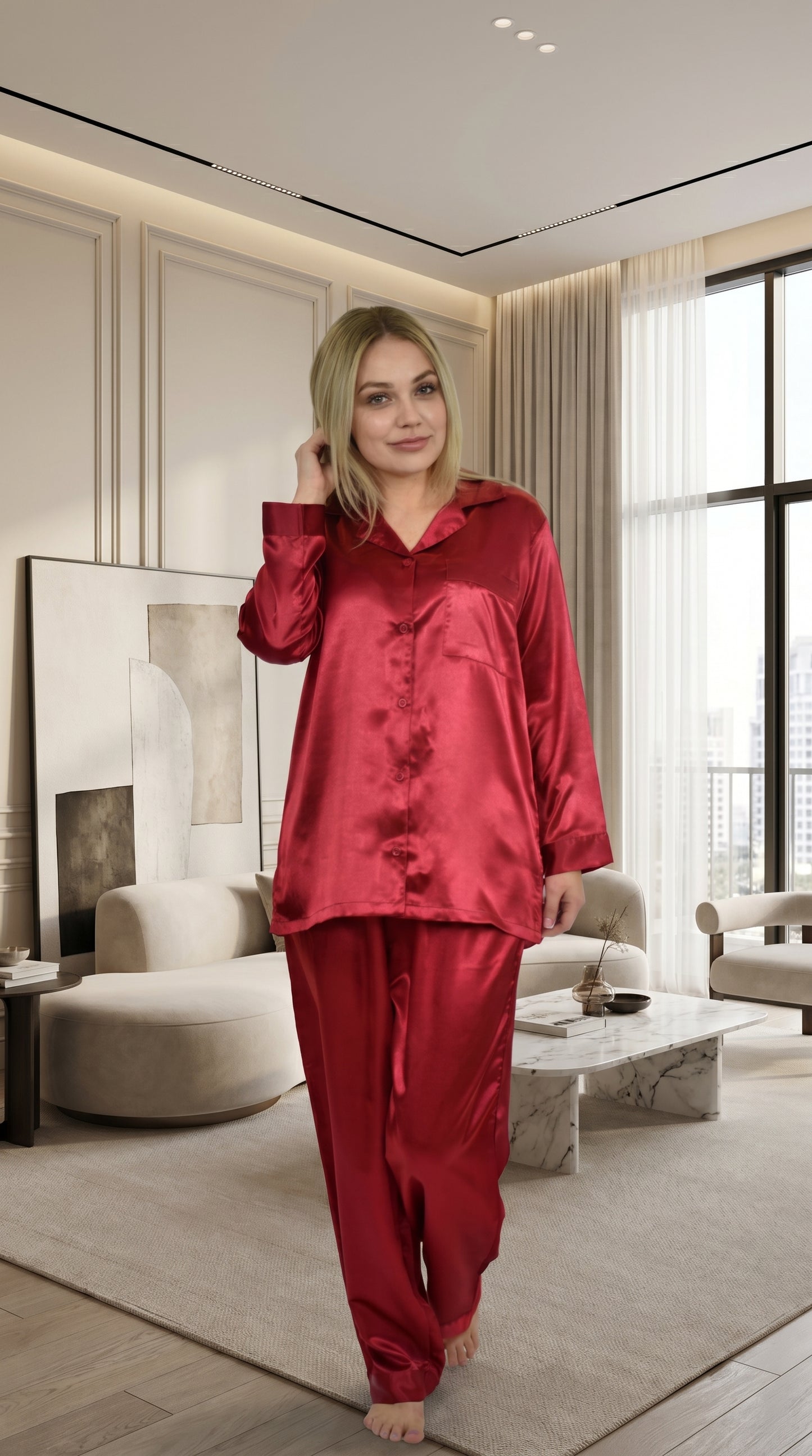 Up2date Fashion Women's Satin Pajama Set 2-Piece Long Sleeve Button Down Sleepwear Silky V-neck PJ Set with Pants