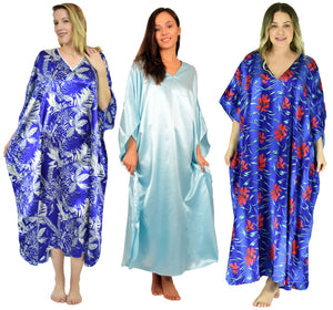 Women's Long Satin Caftans / Kaftans / Muumuus, Three-Piece Blue Print Value Pack 11