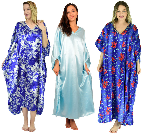 Women's Long Satin Caftans / Kaftans / Muumuus, Three-Piece Blue Print Value Pack 11